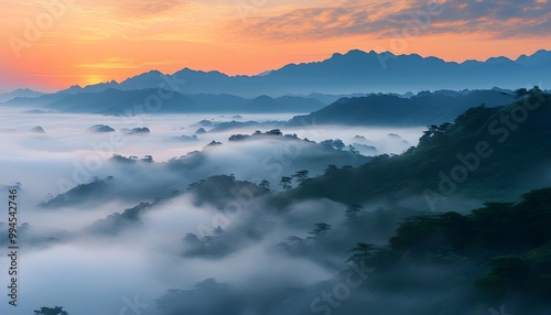 Serene Morning Mist Embracing Lush Mountain Landscapes