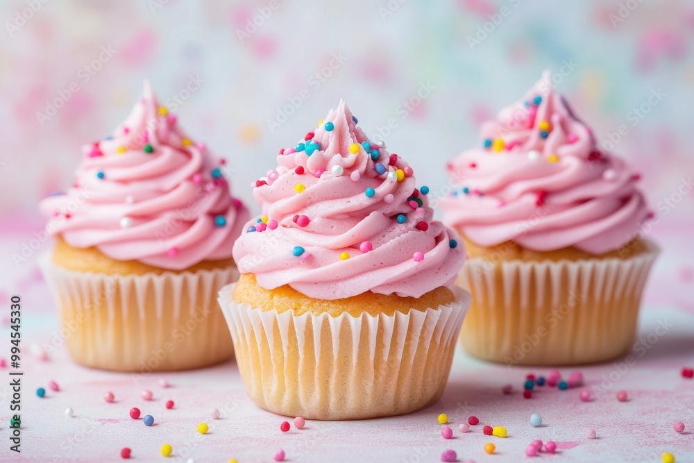 A close-up of a dessert stand with delicious cupcakes on a blurred background
