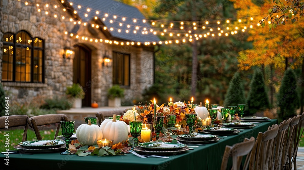 Fototapeta premium A beautifully arranged long table features green velvet runners, white and green plates, pumpkins, and glowing candles, set for an inviting autumn gathering in a garden