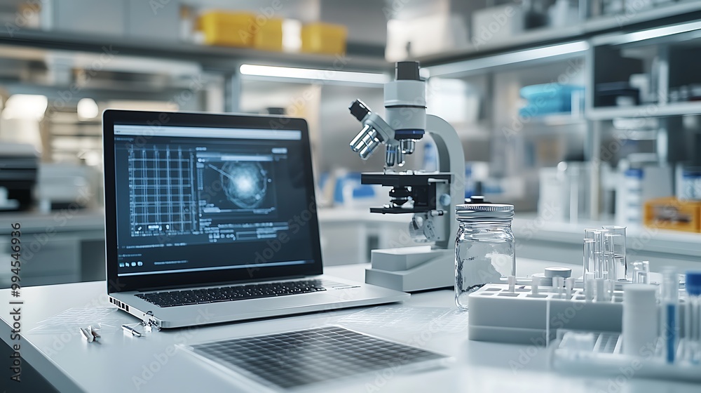 Modern Laboratory Workstation with Microscope, Laptop, and Test Tubes Modern Laboratory Workstation with Microscope, Laptop, and Test Tubes