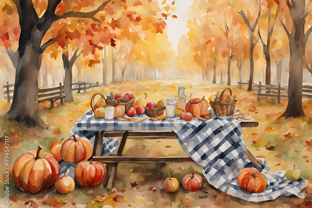 Autumn Picnic Table with Pumpkins and Harvest Bounty, Charming fall picnic scene with pumpkins and harvest fruits Autumn Picnic Table with Pumpkins and Harvest Bounty, Charming fall picnic scene with pumpkins and harvest fruits