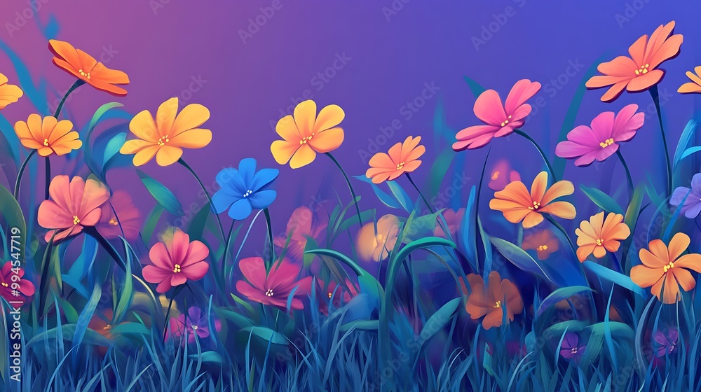 Vibrant Floral Field with Sunset Gradient Background, Digital Art Illustration Vibrant Floral Field with Sunset Gradient Background, Digital Art Illustration
