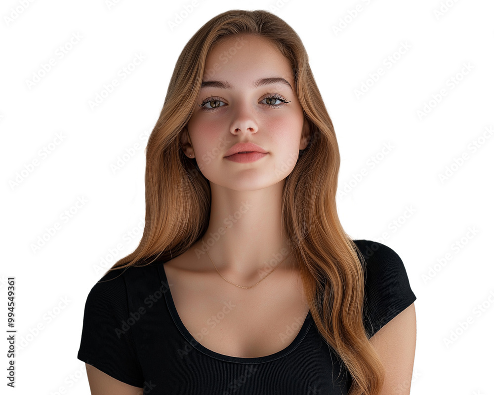 isolated portrait of a young girl in casual black t-shirt with natural makeup, beautiful lips and hair, beauty model