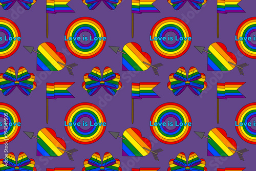 A collection of LGBT-themed vector icons, including rainbow hearts, flags, bows, and circles with the phrase Love is Love. Symbols of pride and diversity.