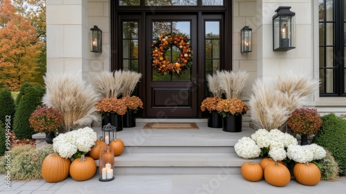 Fototapeta Naklejka Na Ścianę i Meble -  This fall porch features pumpkins, pampas grass, and colorful mums in black metal pots, along with a white door and an autumn wreath, creating a warm, inviting atmosphere
