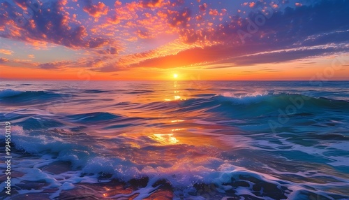 Vibrant sunset hues reflecting on ocean waves, creating a breathtaking coastal scene under a clear sky