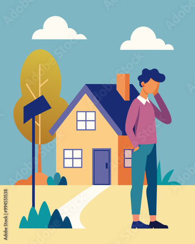 A person standing outside their dream home a For Sale sign taunting them as they know their credit score decline means theyll never be able to afford it.. Vector illustration