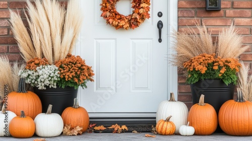 Fototapeta Naklejka Na Ścianę i Meble -  This fall porch features pumpkins, pampas grass, and colorful mums in black metal pots, along with a white door and an autumn wreath, creating a warm, inviting atmosphere
