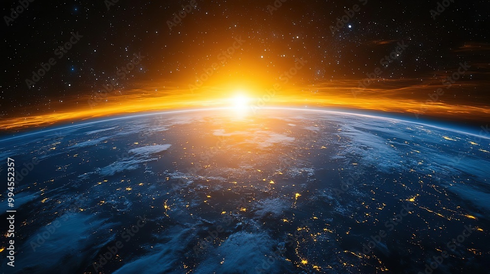 Breathtaking view of Earth from space, capturing a stunning sunrise illuminating the planet's surface with vibrant colors. Breathtaking view of Earth from space, capturing a stunning sunrise illuminating the planet's surface with vibrant colors.
