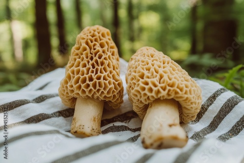 A yellow ramaria coral mushroom is seen on a white and grey textile in the forest - Mushroom foraging in the Rocky Mountains