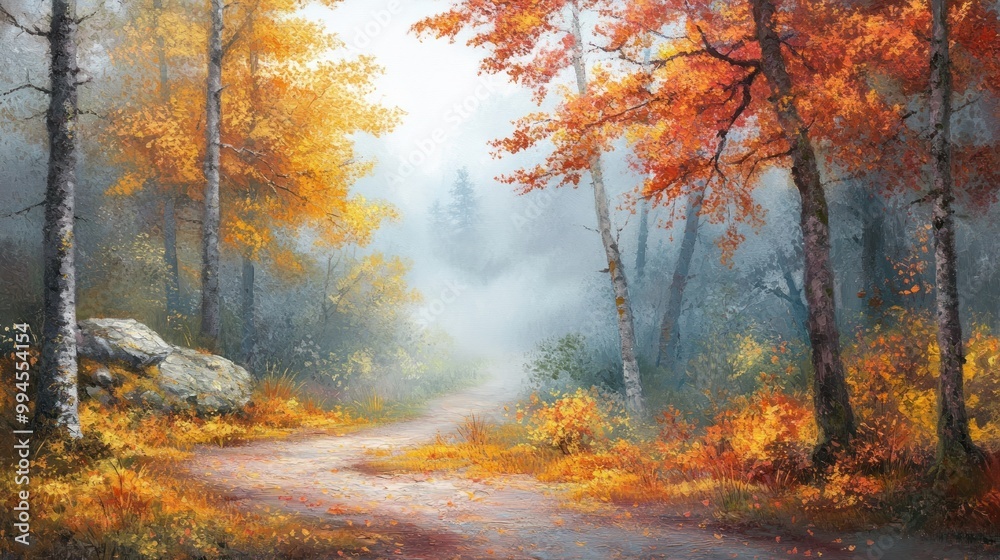 A Serene Autumn Path Through Foggy Forest A Serene Autumn Path Through Foggy Forest