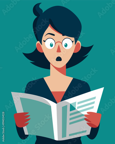 A woman reading the newspaper her eyes widening in shock as she sees the headlines about the stock market crash and its impact on investors portfolios.. Vector illustration