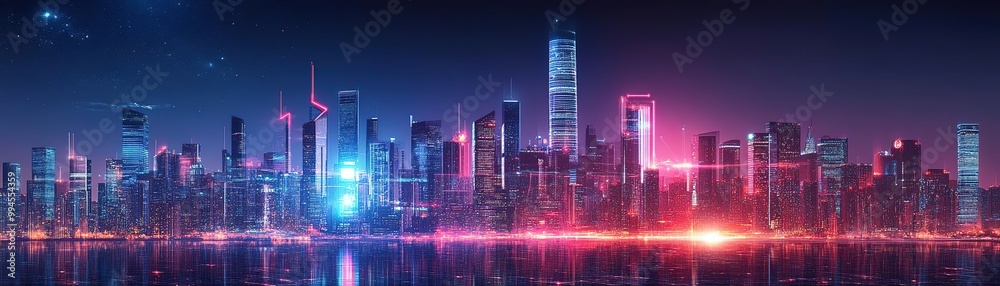 Obraz premium A vibrant futuristic city skyline at night, illuminated by neon lights reflecting against water.