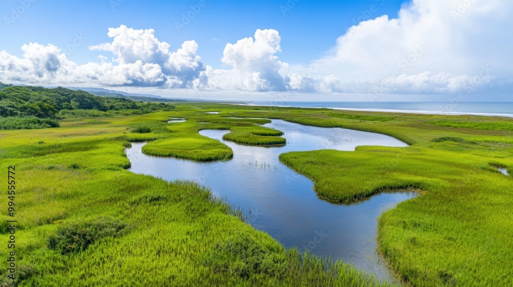 Serene Marshland with River and Lush Greenery Serene Marshland with River and Lush Greenery