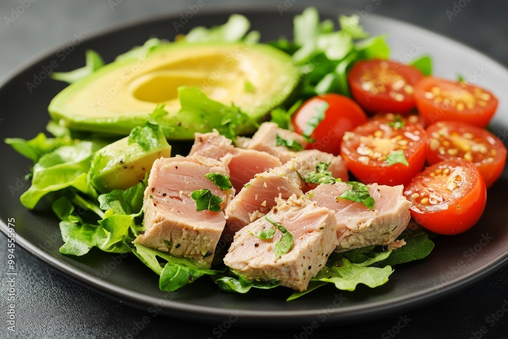 Eating Healthy for Weight Loss: Mediterranean Salad with Tuna Fish, Avocado, and Arugula Eating Healthy for Weight Loss: Mediterranean Salad with Tuna Fish, Avocado, and Arugula