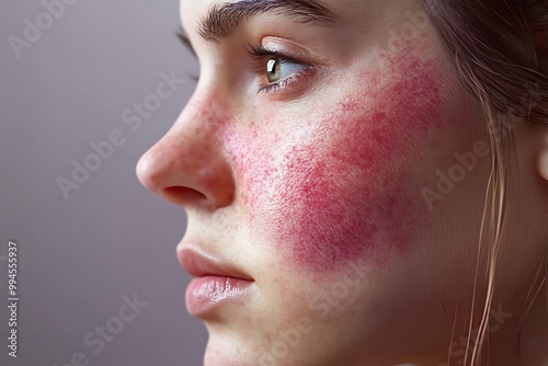 Woman with red, irritated skin on her face, skin condition concept