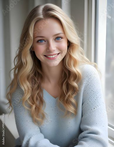 A young Caucasian woman with fair skin, long blonde hair and blue eyes is sitting by a window and smiling