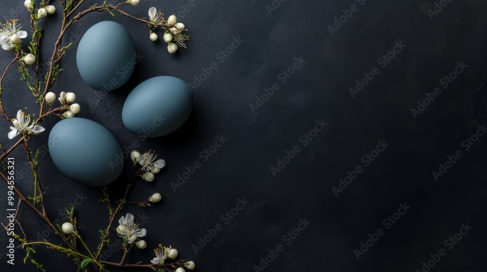 Fototapeta premium The delicate beauty of nature's creation, three blue eggs on black surface