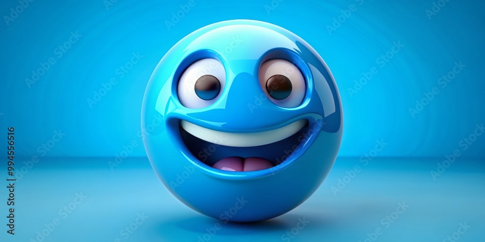 Fototapeta premium Vibrant Blue Emoji with a Cheerful Expression on a Solid Background Ideal for Digital Communication