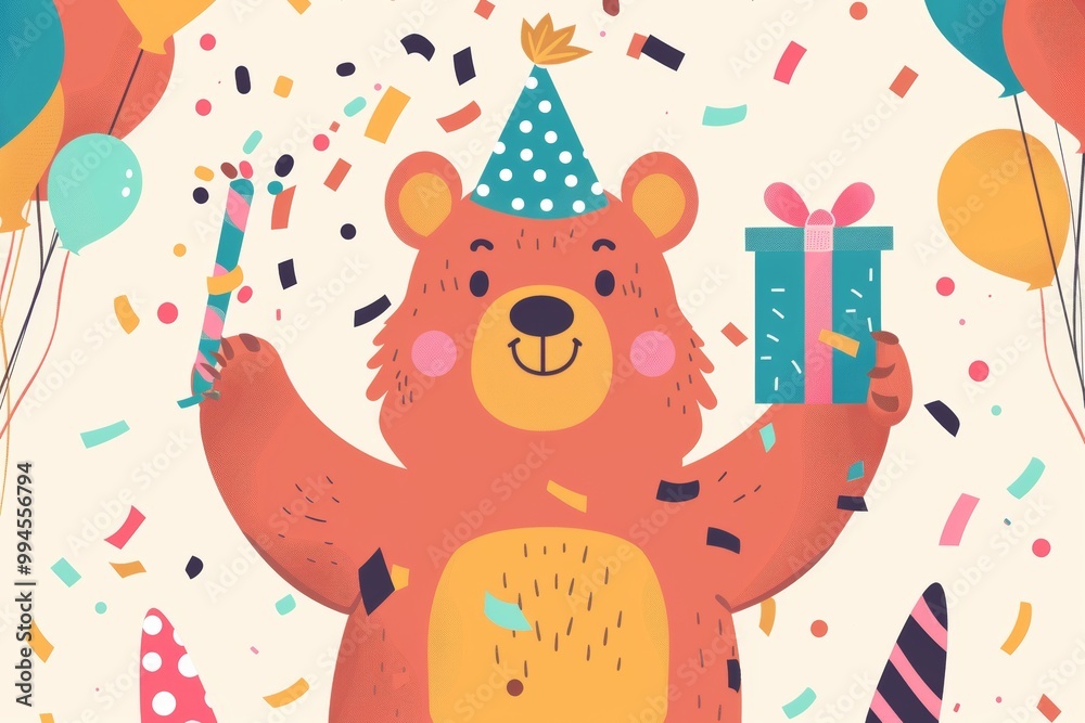 Naklejka premium Happy bear celebrating birthday with confetti