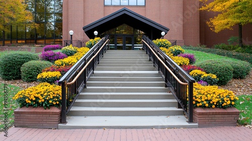 Vibrant pumpkins and cheerful chrysanthemums adorn the front steps, creating a welcoming autumn ambiance filled with seasonal colors and a cozy atmosphere photo