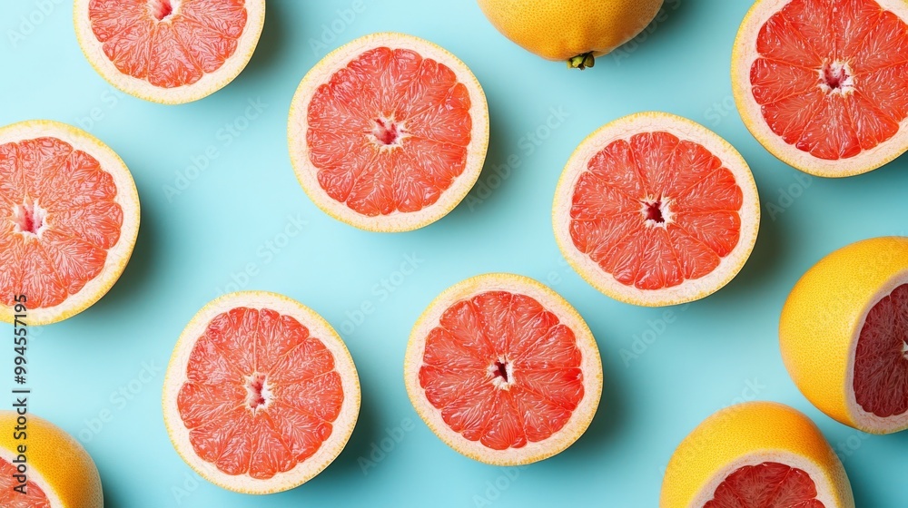 The grapefruit is arranged in a pattern on a light blue background, the composition is minimalistic and artistic, and the lighting is even and soft, highlighting the shape and color of the fruit The grapefruit is arranged in a pattern on a light blue background, the composition is minimalistic and artistic, and the lighting is even and soft, highlighting the shape and color of the fruit