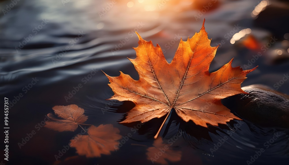Maple leaf on a dark autumn water in the river Maple leaf on a dark autumn water in the river