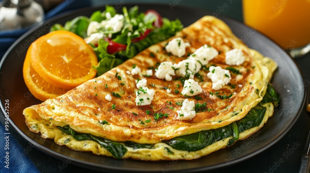 With a side of fresh salad and a Greek omelette filled with spinach and feta cheese, this whole grain wrap is a great way to get your fill of protein and fiber