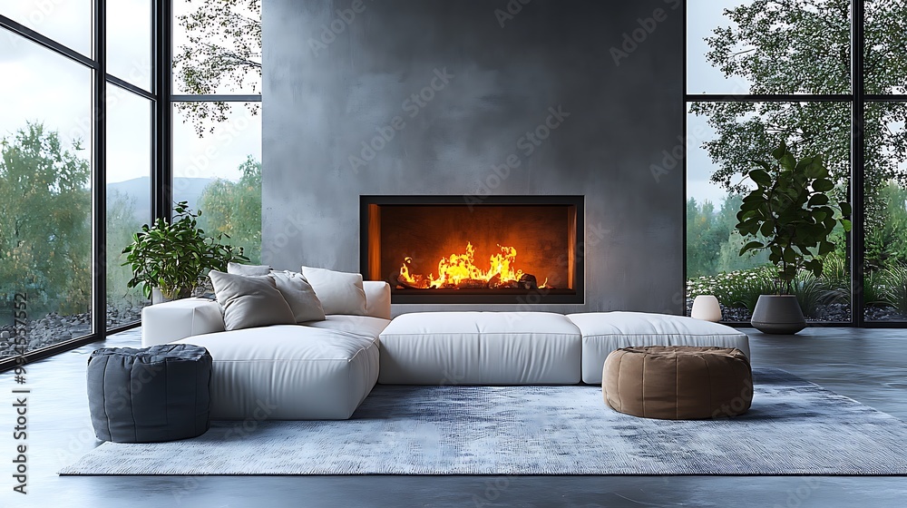 White corner sofa near fireplace. Scandinavian home interior design of modern living room. White corner sofa near fireplace. Scandinavian home interior design of modern living room.