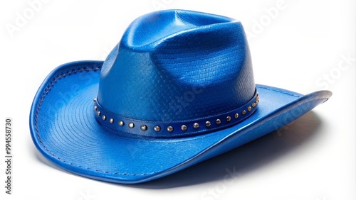Blue cowboy hat with a snakeskin pattern and a brown leather band with metal studs leaning on a white background