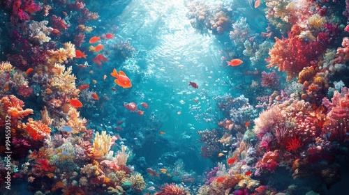 Vibrant Underwater Coral Reef Ecosystem with Red Fish