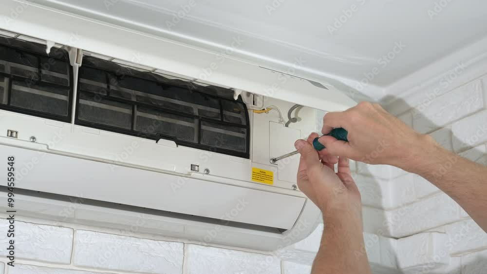 Handyman by routine air conditioning indoor. A handy man hands fixing with screw the air conditioner details indoor. Handyman by routine air conditioning indoor. A handy man hands fixing with screw the air conditioner details indoor.