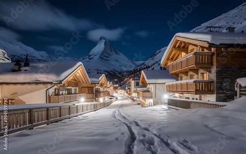 Snowy village street with mountain peak in background at night.