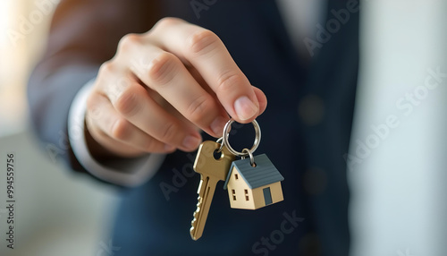 A person's hand holding a set of house keys with a small house-shaped keychain