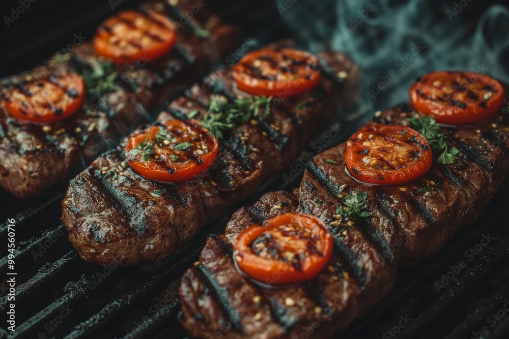 In the background is a dark background with flames and smoke, making this image look like it is being grilled. Grilled beef steaks with vegetables and spices. In the background is a dark background with flames and smoke, making this image look like it is being grilled. Grilled beef steaks with vegetables and spices.