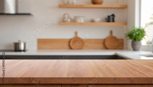 closeup of a wooden dining table in the interior of a modern kitchen, empty space for text