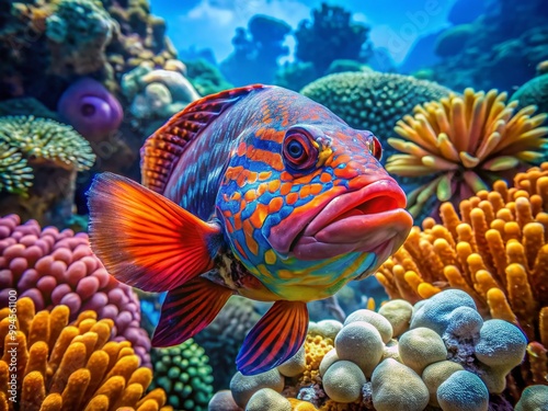 Vibrant Cobbler Fish Swimming in a Colorful Coral Reef Underwater Scene in Tropical Waters