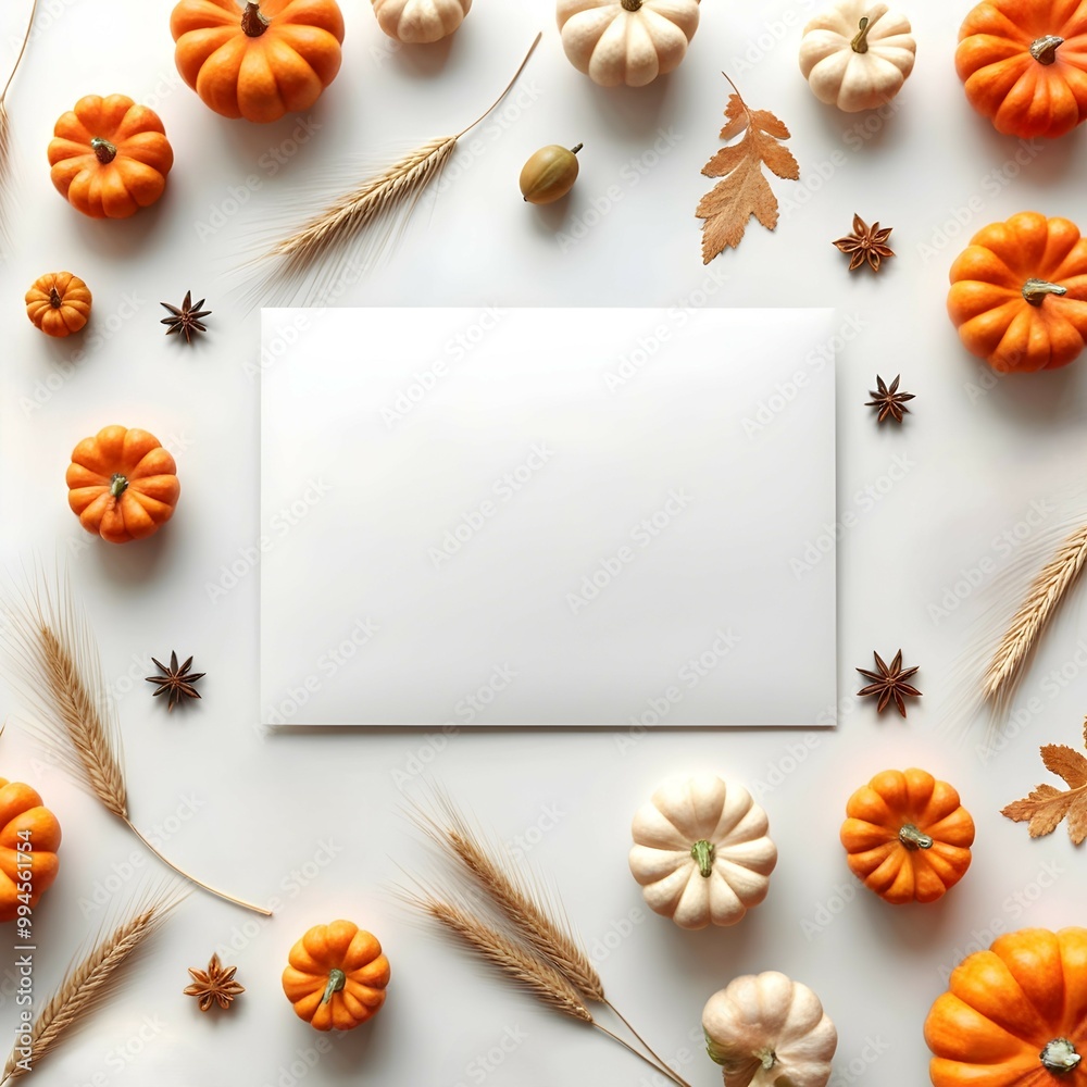 empty white card with autumn leaves, pumpkins, and wheat for fall designs empty white card with autumn leaves, pumpkins, and wheat for fall designs