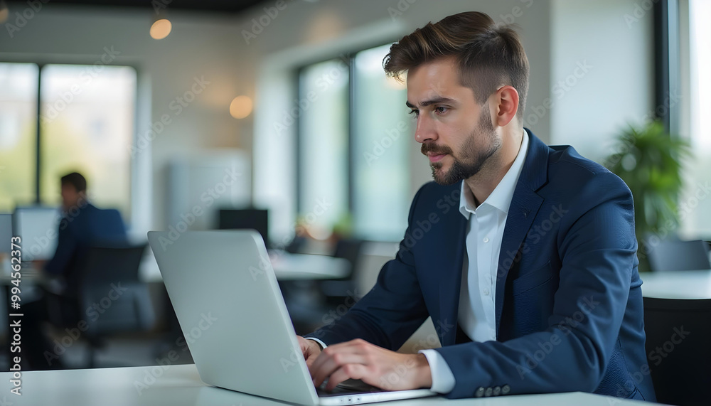 A middle-aged Caucasian man with short dark hair wearing a navy blue suit, sitting at a desk and working on a laptop computer in an office setting A middle-aged Caucasian man with short dark hair wearing a navy blue suit, sitting at a desk and working on a laptop computer in an office setting