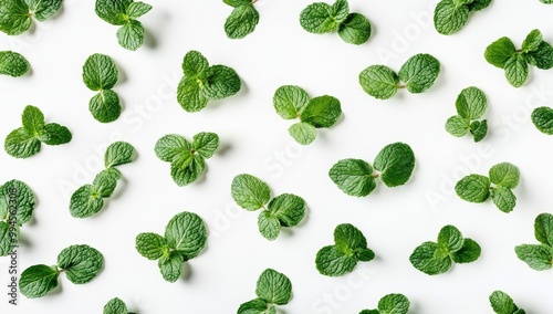 A white background with fresh green mint leaves neatly arranged in a repeating pattern