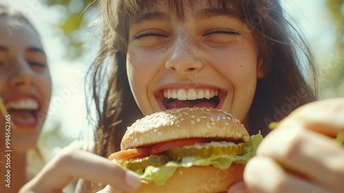 Cropped shot of a group of friends eating burgers outside: Stock