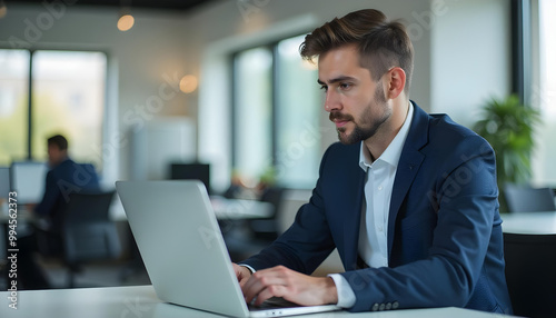 A middle-aged Caucasian man with short dark hair wearing a navy blue suit, sitting at a desk and working on a laptop computer in an office setting