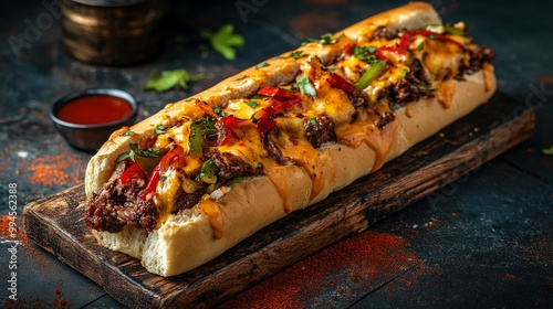 Typical Chilean food : Stock sandwich commonly called Barros Luco with melted cheese on black table and wooden board. photo