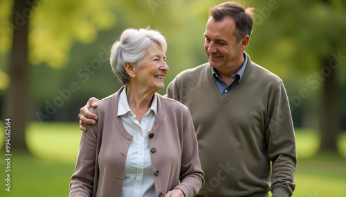 An elderly Caucasian couple, a smiling woman with short gray hair and a man with short gray hair, walking together in a park with green foliage in the background