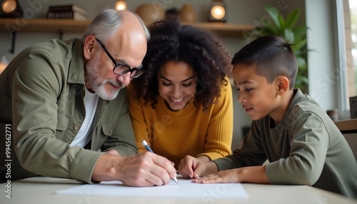 A middle-aged Caucasian man with glasses, a young biracial woman with curly hair, and a young boy sitting together at a table and working on something