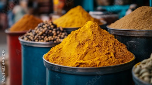 There are a variety of spices and herbs on display in this vibrant spice market. photo