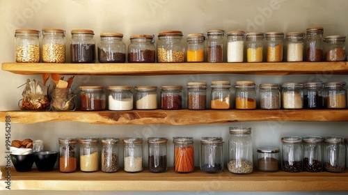 In the kitchen, uncooked groceries are displayed in glass jars on wooden shelves