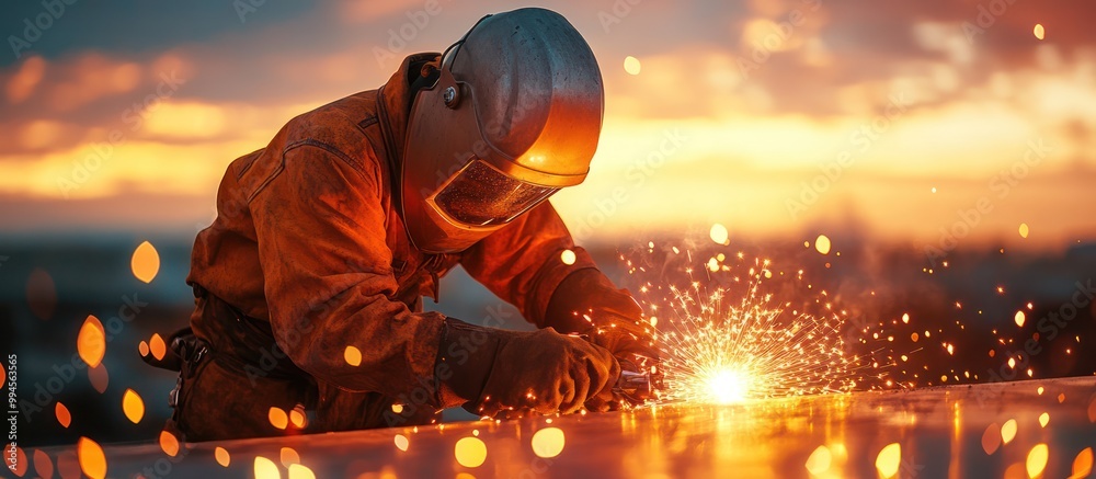 Fototapeta premium Welder Working at Sunset