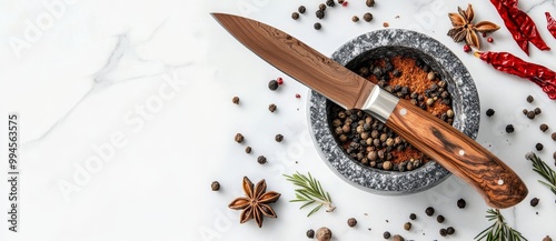 Stone mortar and pestle on a white background kitchen object copy space. photo