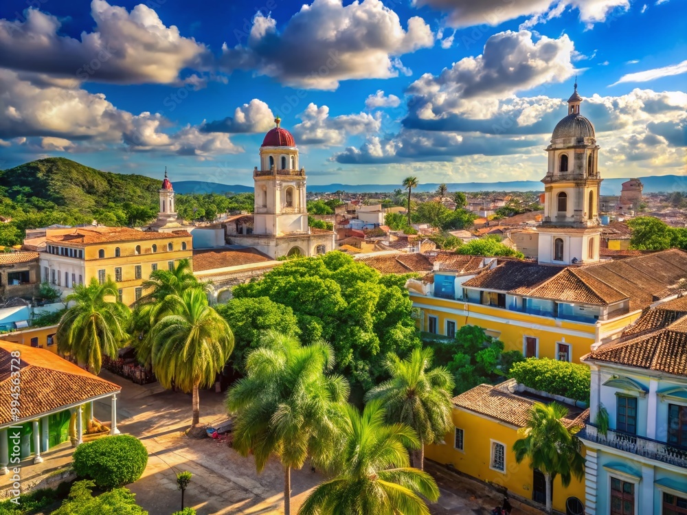 Naklejka premium Vibrant Cuban Landscape with Classic Architecture and Lush Tropical Scenery under Blue Sky
